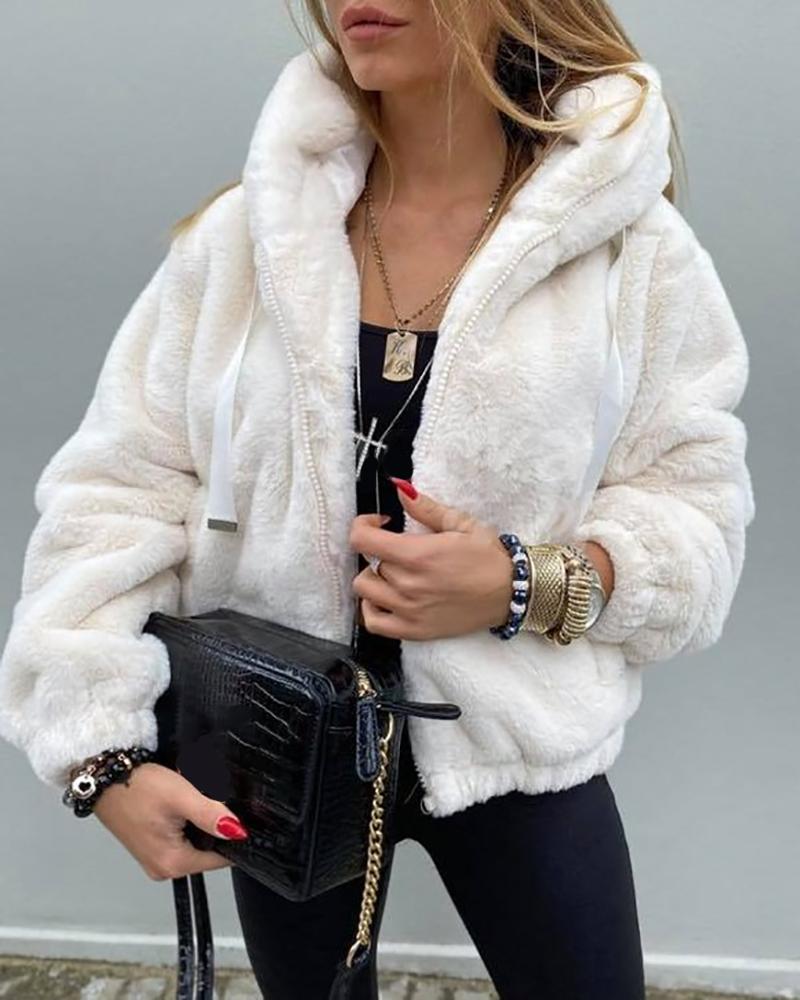 

Long Sleeve Zipper Design Fluffy Hooded Coat, White