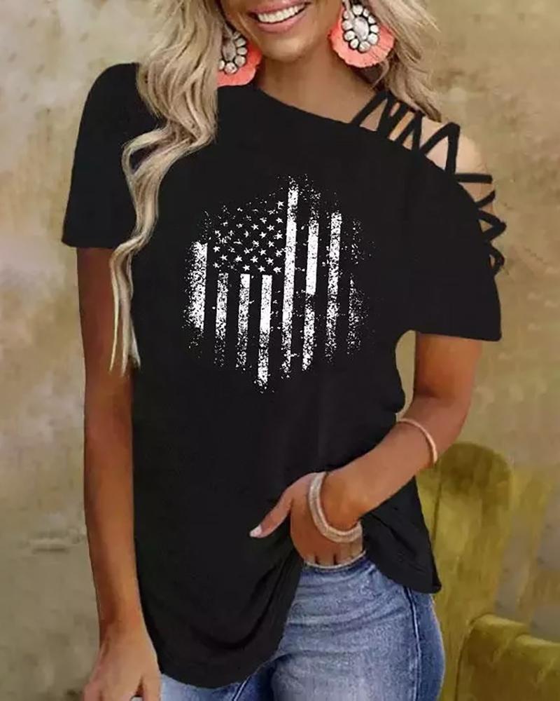 

Independence Day Flag Print Cold Shoulder T-shirt, Black