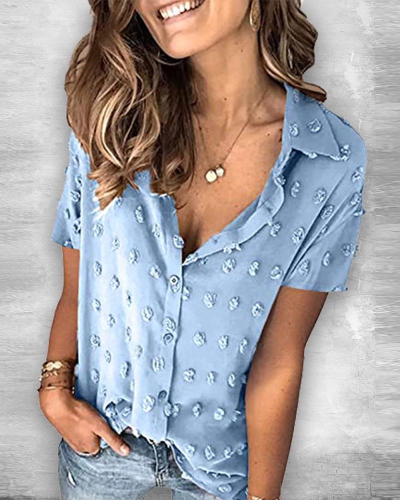

Swiss Dot Button Design Short Sleeve Shirt, Blue