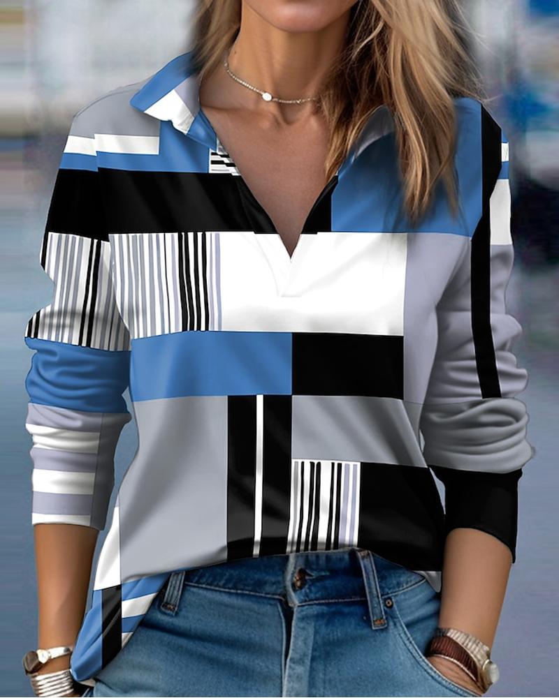 

Geometric Print Colorblock Stand Collar Shirt, Blue