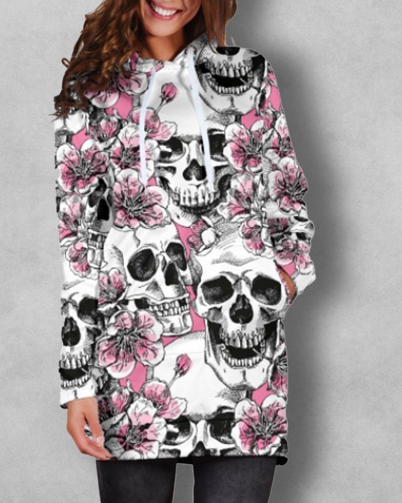 

Halloween Skull Floral Print Drawstring Hooded Sweatshirt, White
