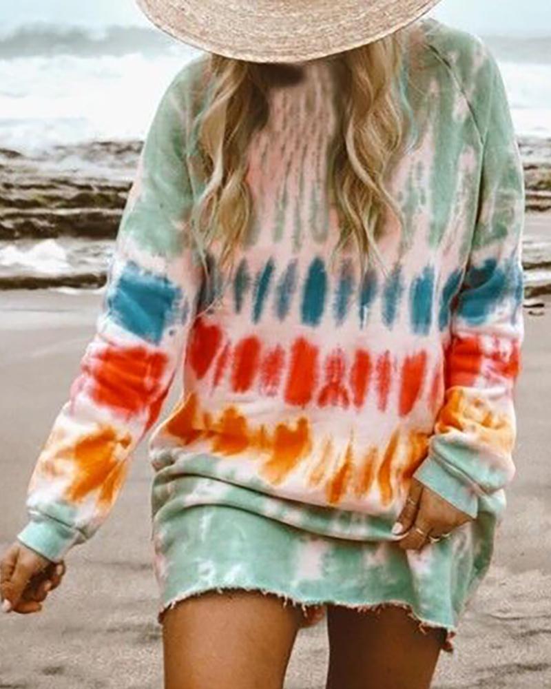 

Tie Dye Print Fringe Hem Casual Dress, Army green
