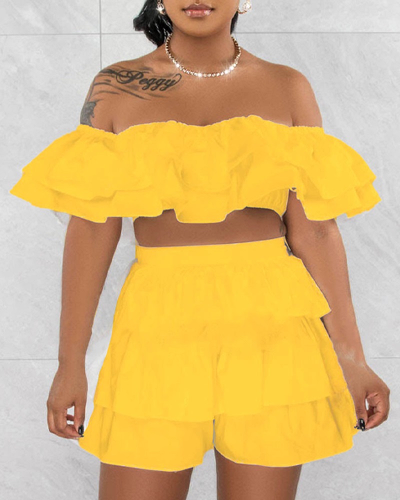 

Layered Ruffle Hem Off Shoulder Top & Shorts Set, Yellow