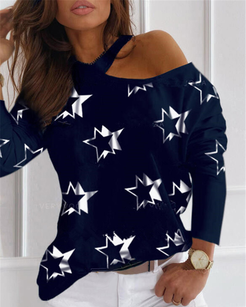 

Star Print Cold Shoulder Casual T-shirt, Dark blue