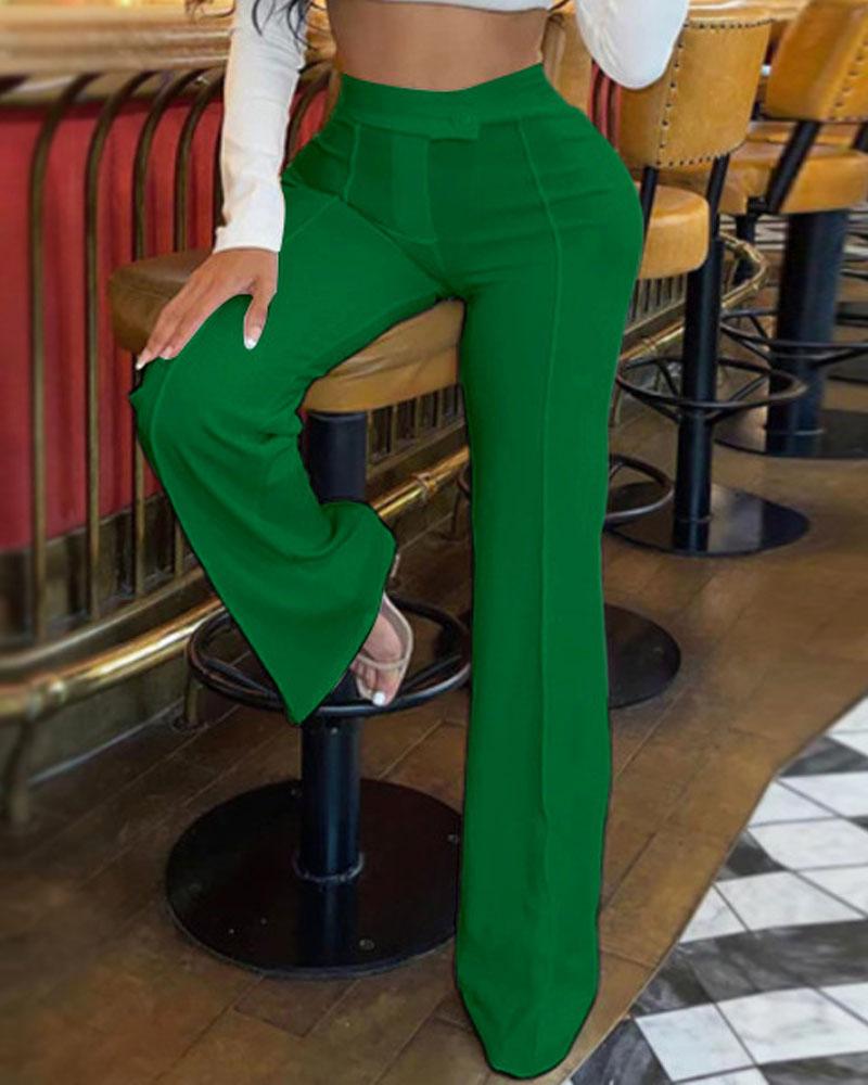 

Plain Zip Fly High Waist Work Pants, Green