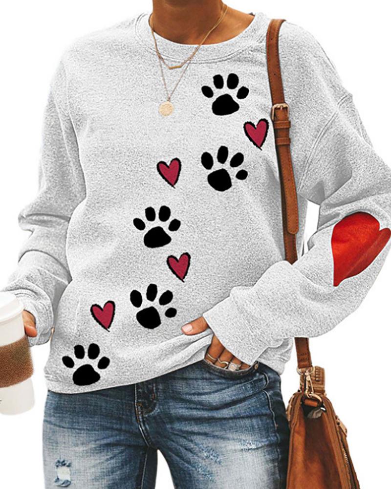 

Cat Paw Heart Print Long Sleeve Sweatshirt, White