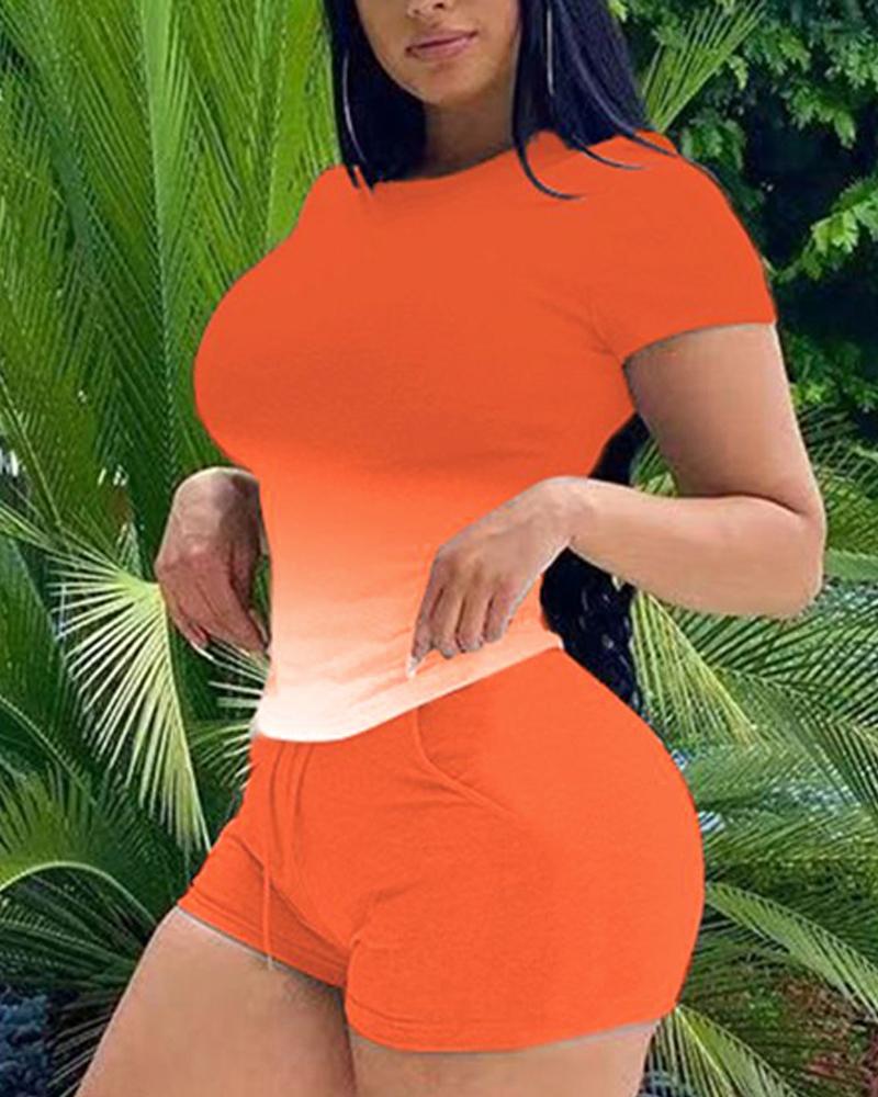 

Ombre Casual Top & Drawstring Shorts Set, Orange