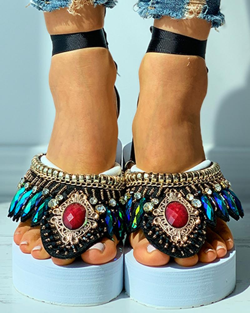 

Rhinestone Toe Post Wedge Sandals, White