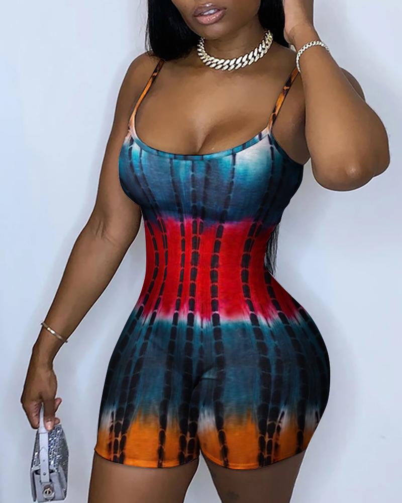 

Tie Dye Print U-Neck Spaghetti Strap Skinny Romper, Multicolor