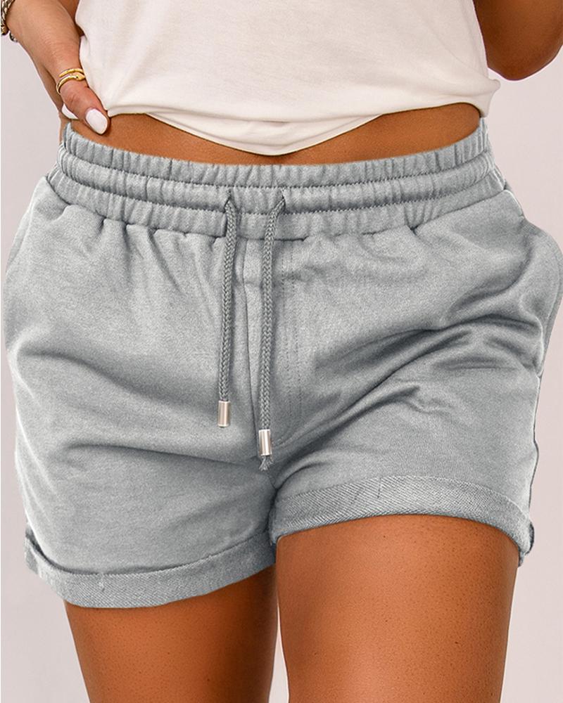 

Pocket Design Rolled Hem Drawstring Waist Shorts, Gray