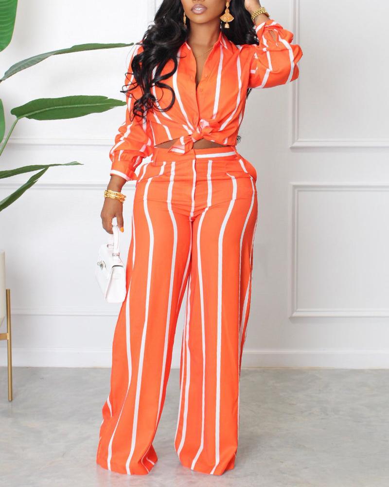 

Striped Long Sleeve Button Down Shirt & Pants Set, Orange