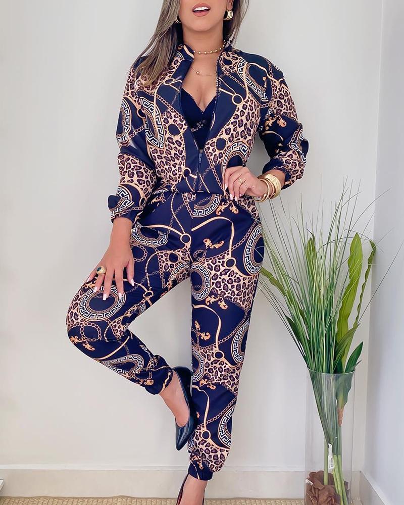 

Baroque Leopard Print Baseball Top & Pants Set, Purplish blue