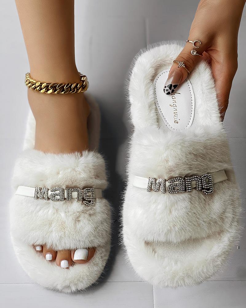 

Rhinestone Letter Decor Fluffy Winter Slippers, Beige