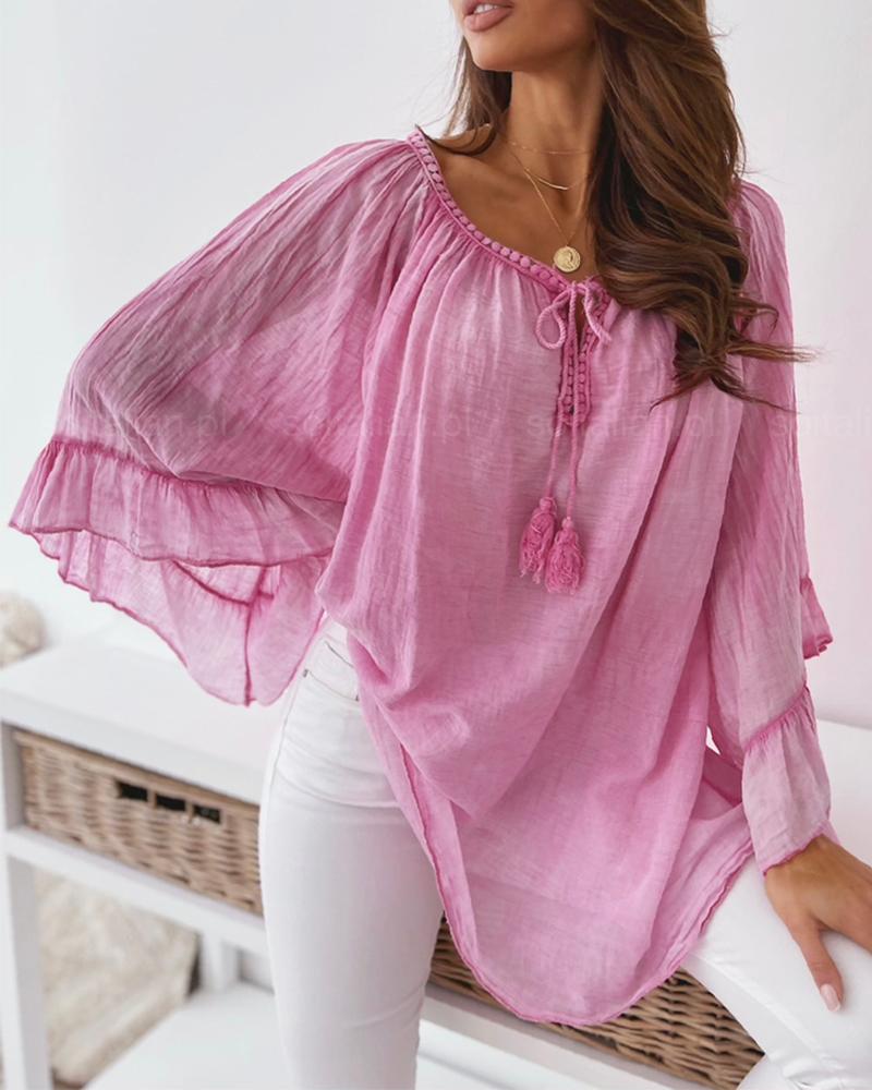 

Tassel Design Asymmetrical Bell Sleeve Top, Hot pink