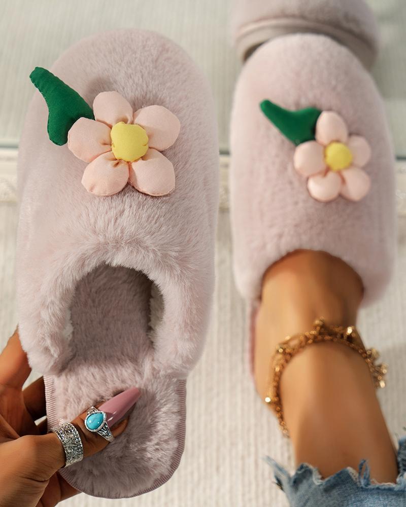 

Floral Pattern Round Toe Fuzzy Slippers, Khaki