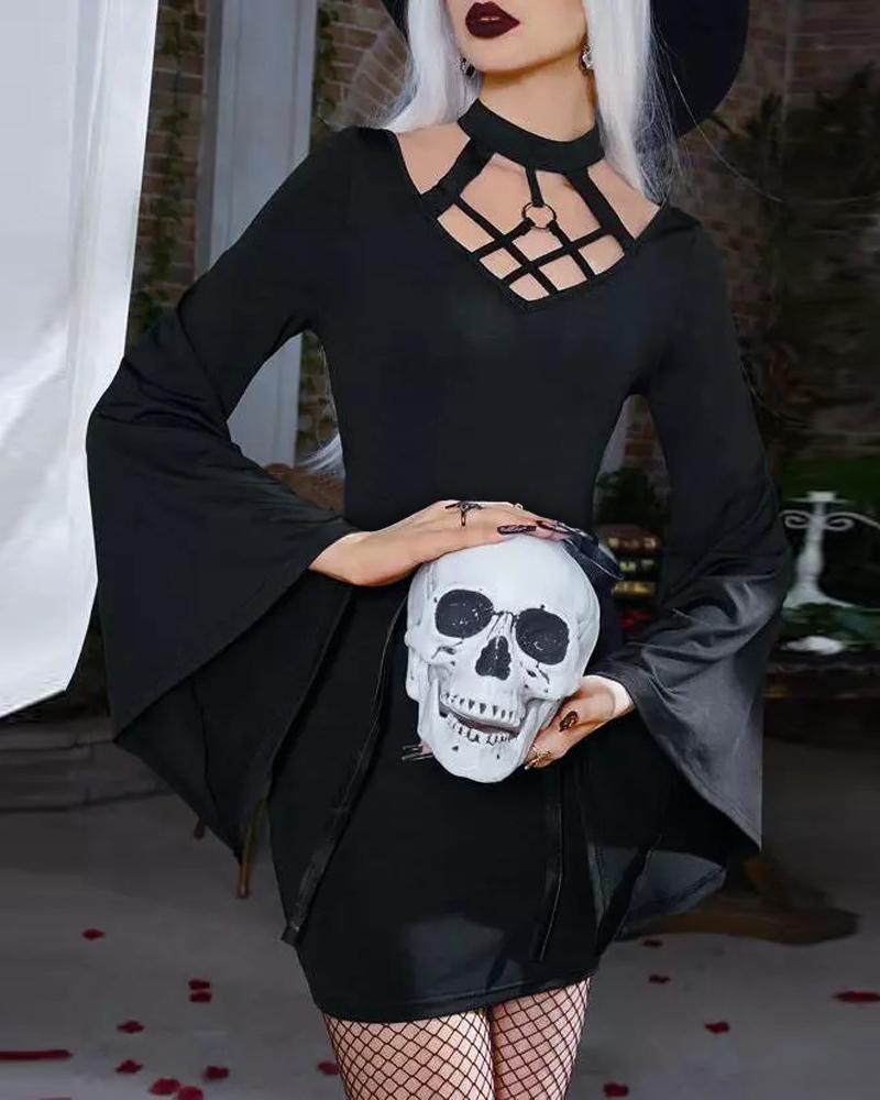 

Halloween O-Ring Halter Bell Sleeve Bodycon Dress, Black