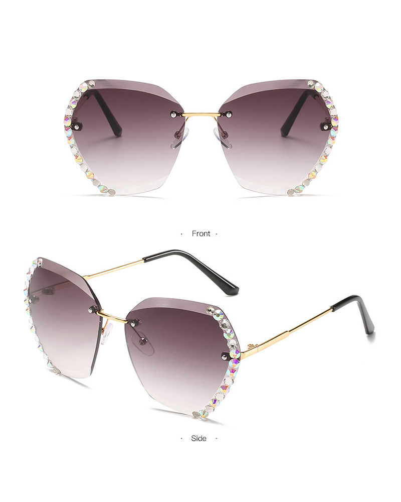 

1Pair Studded Ombre Lens Rimless Sunglasses, Coffee