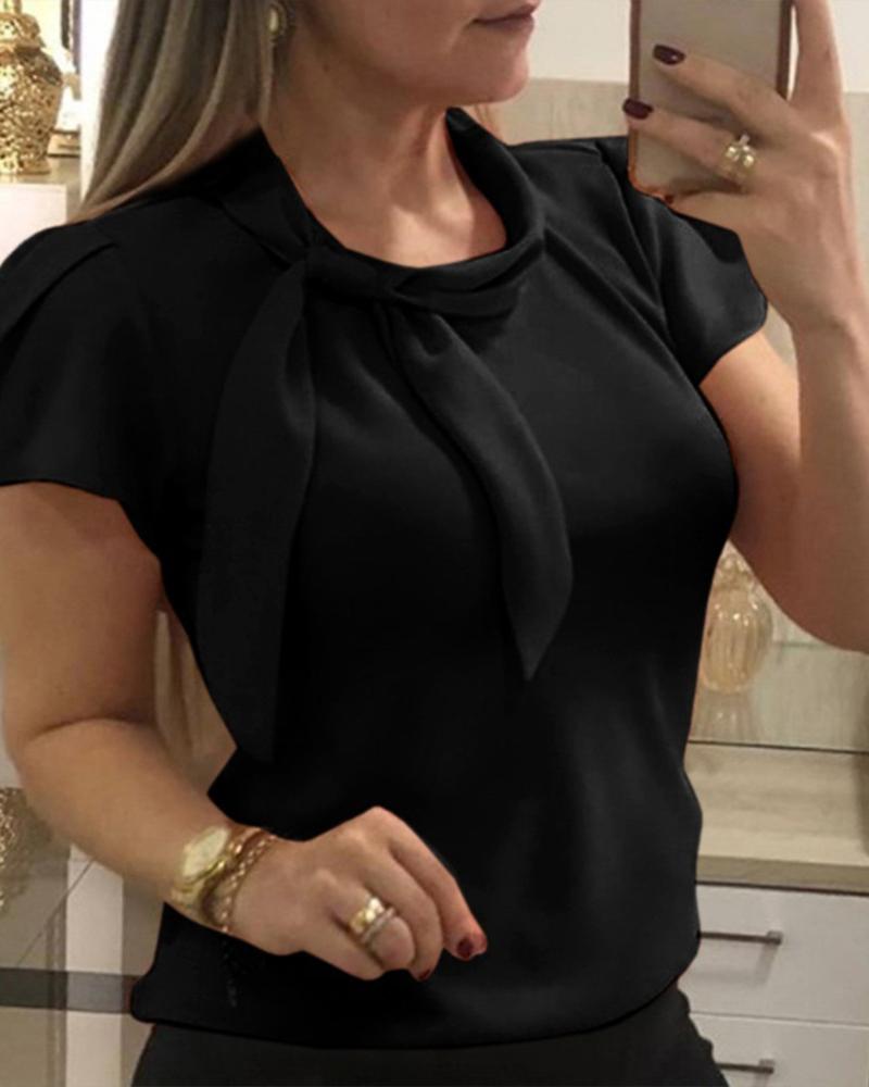 

Short Sleeve Knotted Detail Casual Blouse, Black