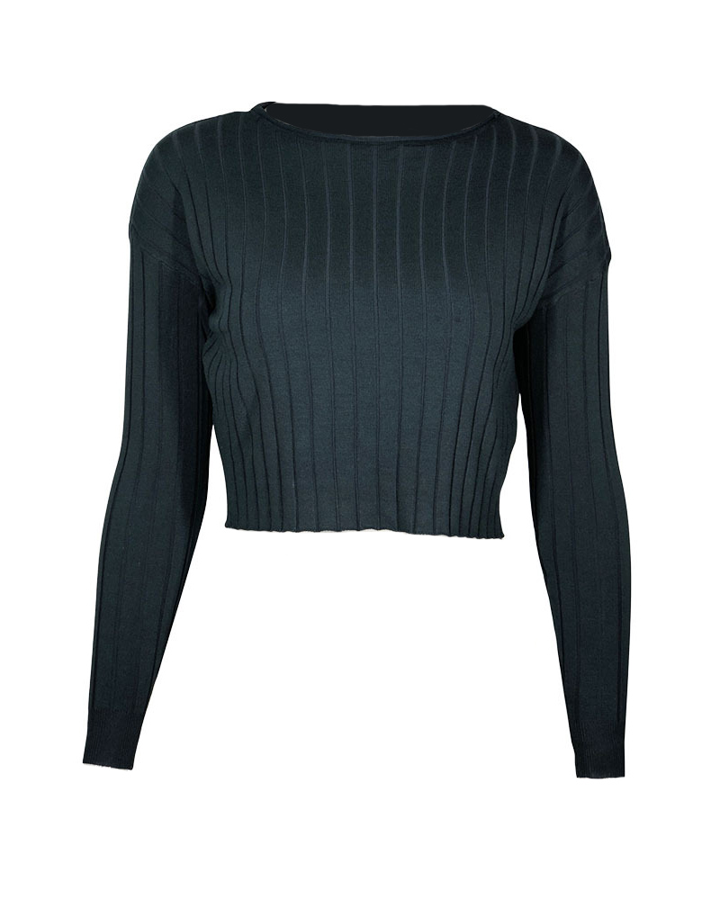 

Plain O-Neck Long Sleeve Crop Casual T-Shirt, Green