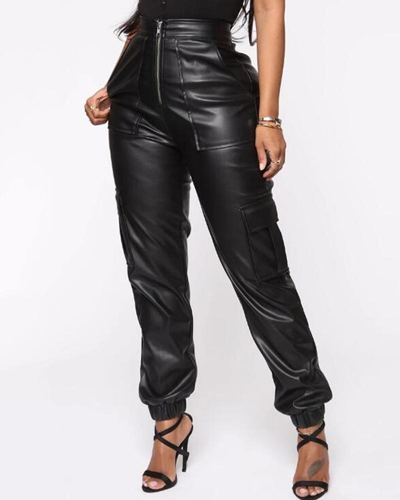 

Ruched Dual Pockets Zipper Design PU Pants, Black