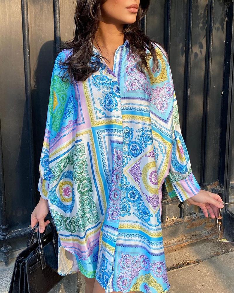 

Baroque Print Long Sleeve Buttoned Shirt Dress, Blue