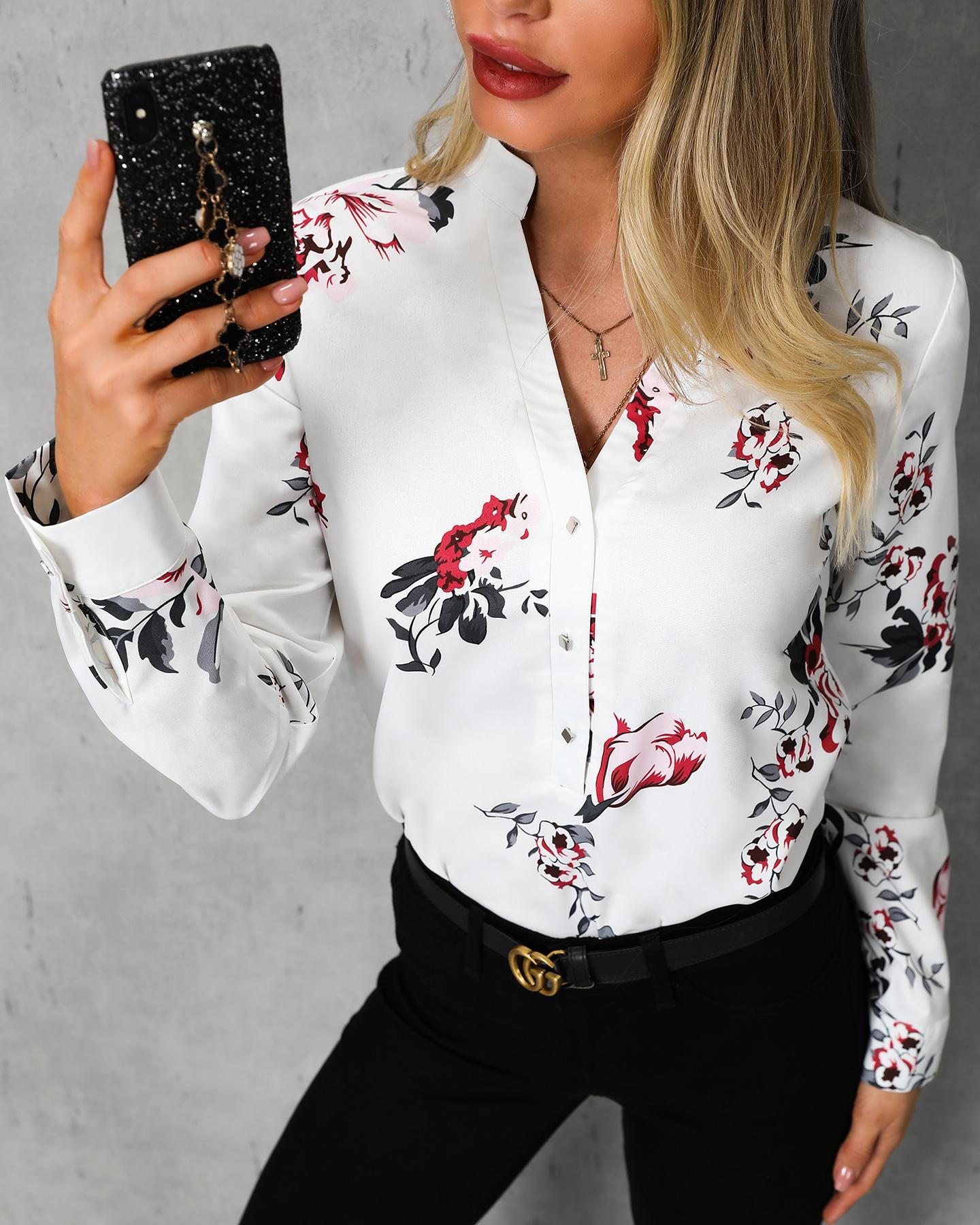 

Buttoned Floral Print Long Sleeve Blouse, White
