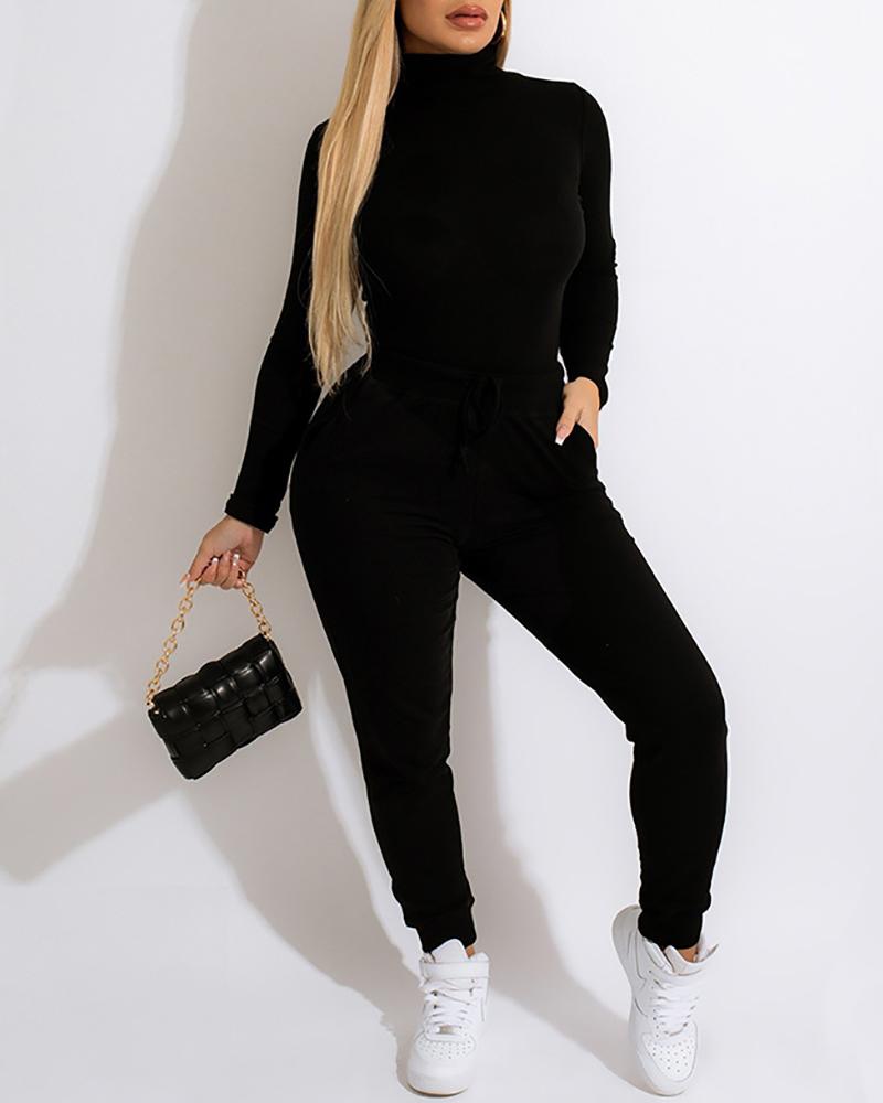 

High Neck Top & Drawstring Pocket Design Pants Set, Black