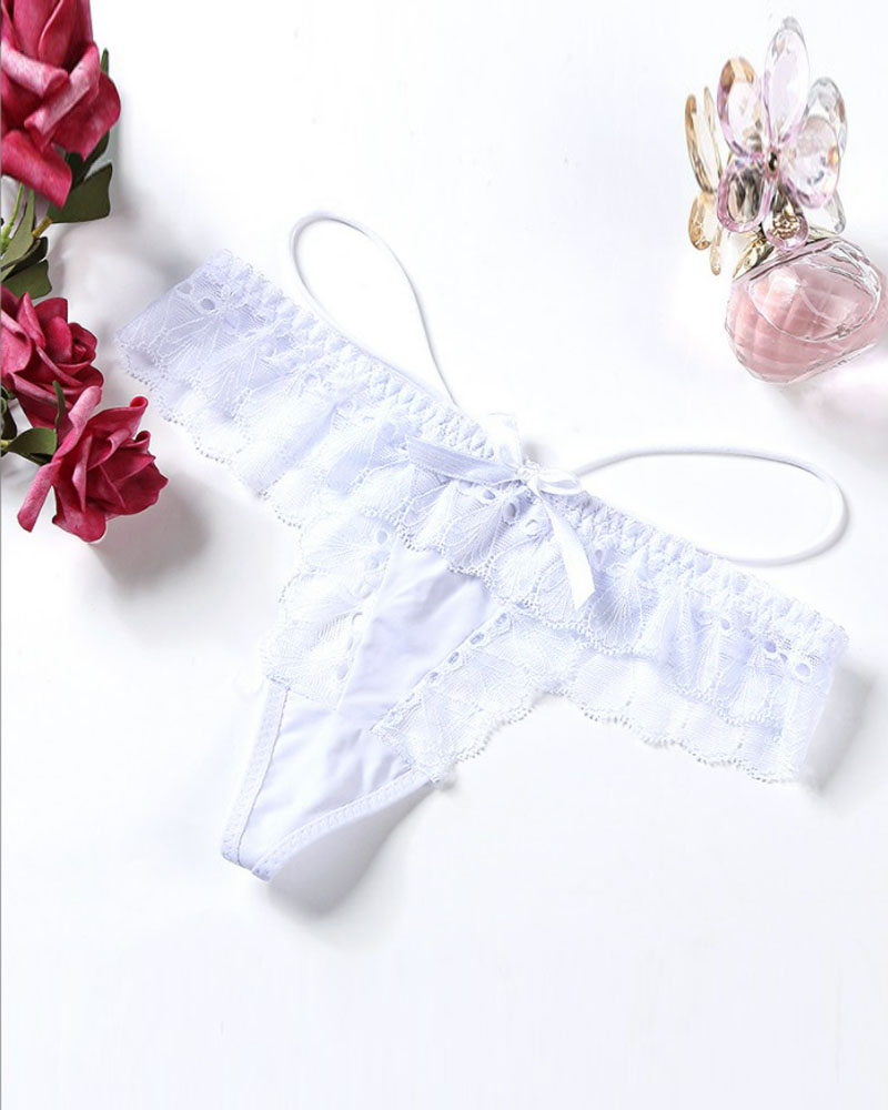 

Bowknot Decor Floral Lace Thong Panty, White