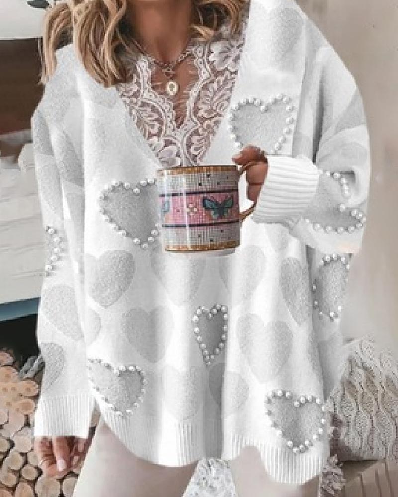 

Heart Print Eyelash Crochet Lace Patch Beaned Sweater, Gray