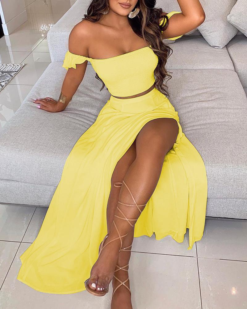 

Off Shoulder Ruffles Top & Thigh Slit Skirt Set, Yellow