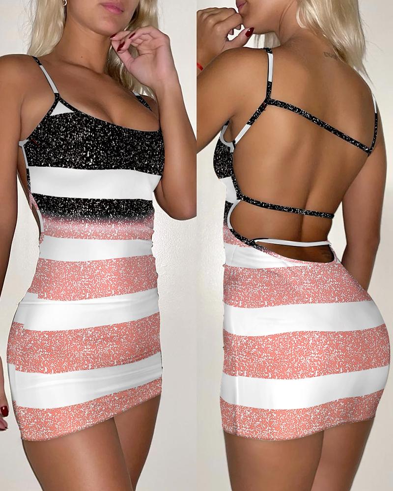 

Colorblock Striped Print Backless Bodycon Dress, Pink