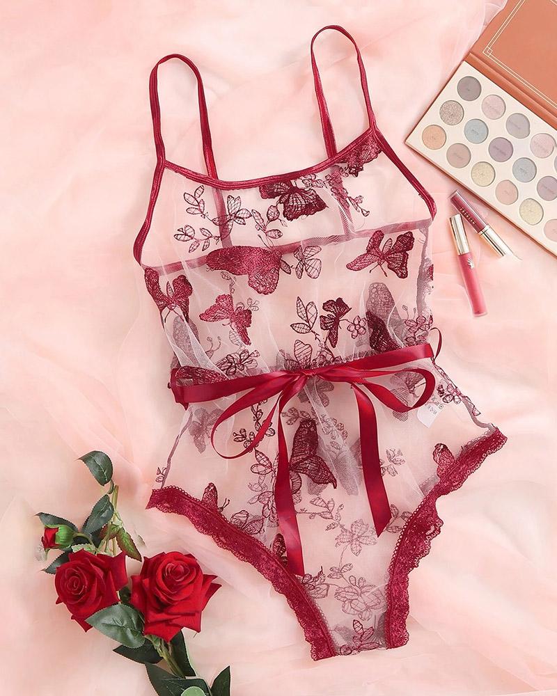 

Butterfly Embroidery Lace Trim Sheer Mesh Teddy, Red