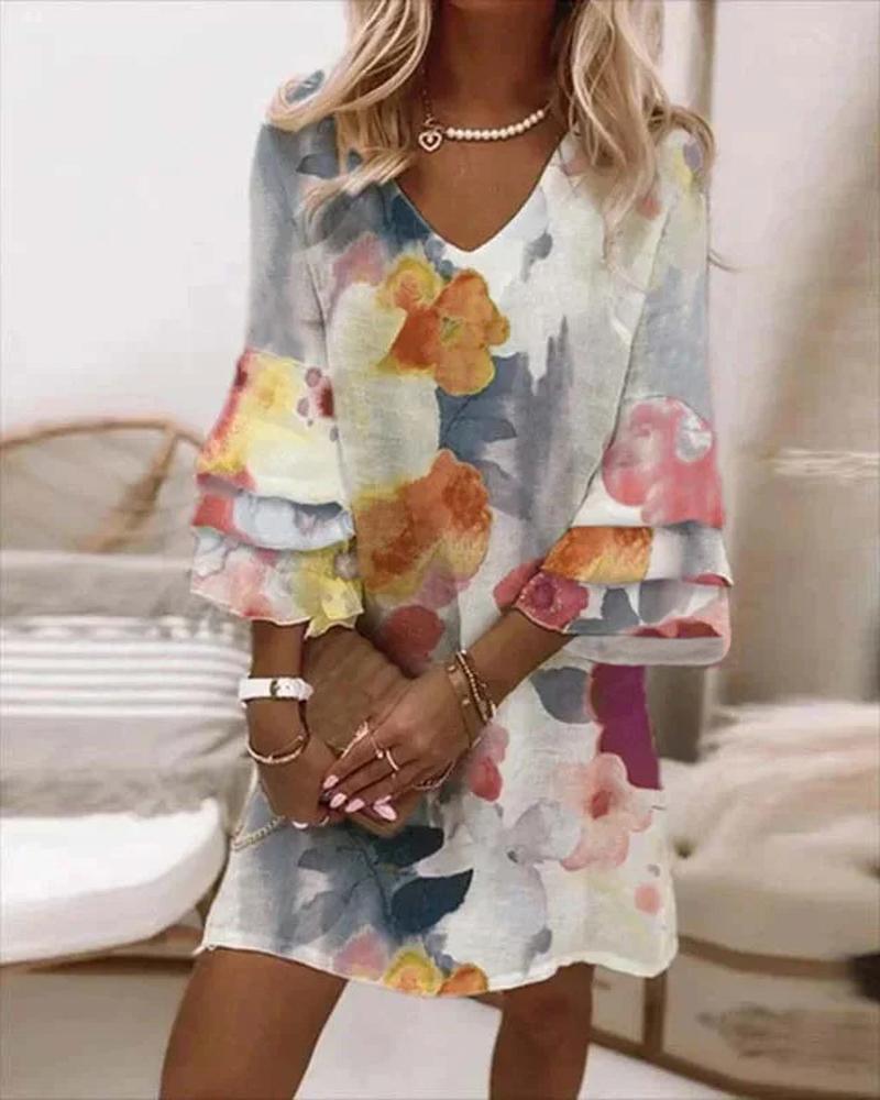 

Floral Print Bell Sleeve Casual Dress, Multicolor