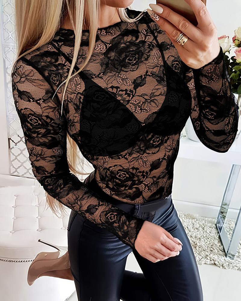 

Floral Print Contrast Lace Mock Neck T Shirt Casual Sheer Mesh Slim Fit Blouse Top, Black