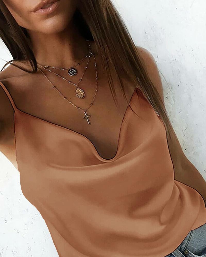 

Solid Satin Cowl Neck Cami Women Top, Brown