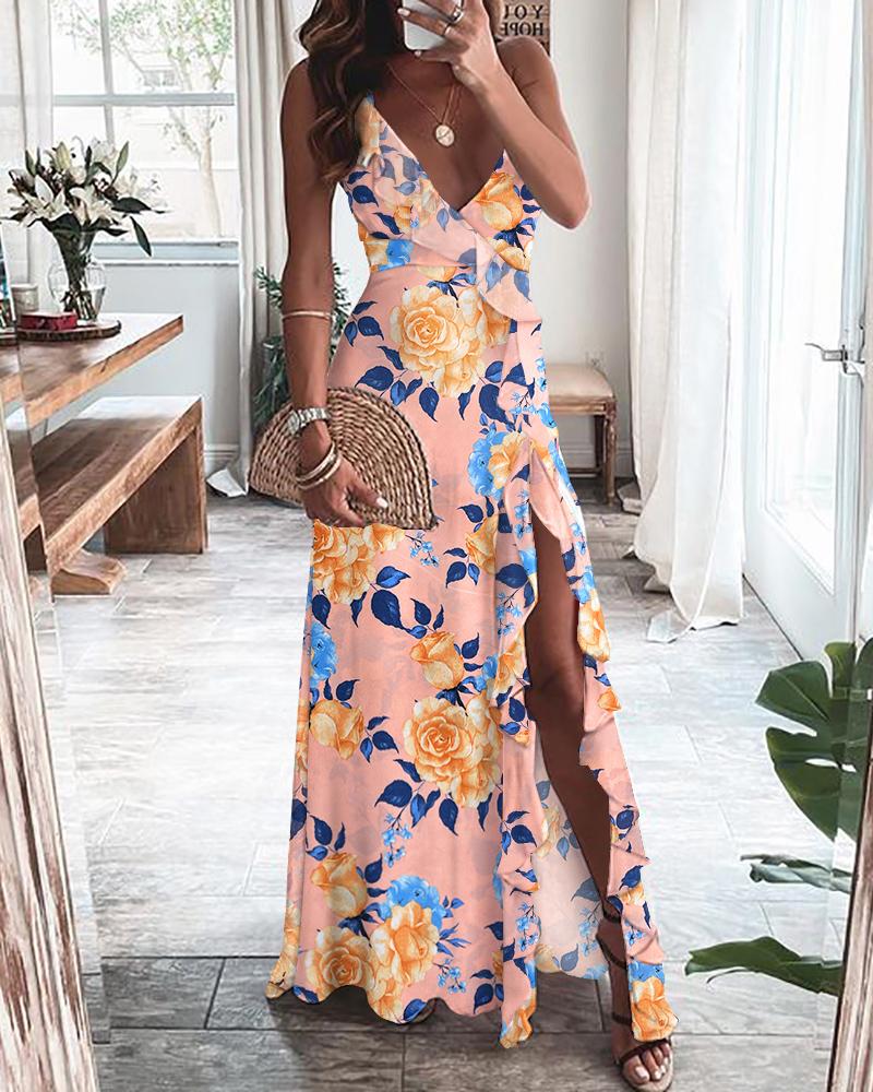 

Floral Print Ruffle Hem Split Thigh Cami Maxi Dress, Pink