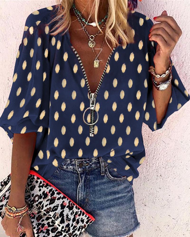 

Polka Dot Print Zipper Decor Half Sleeve Blouse, Blue
