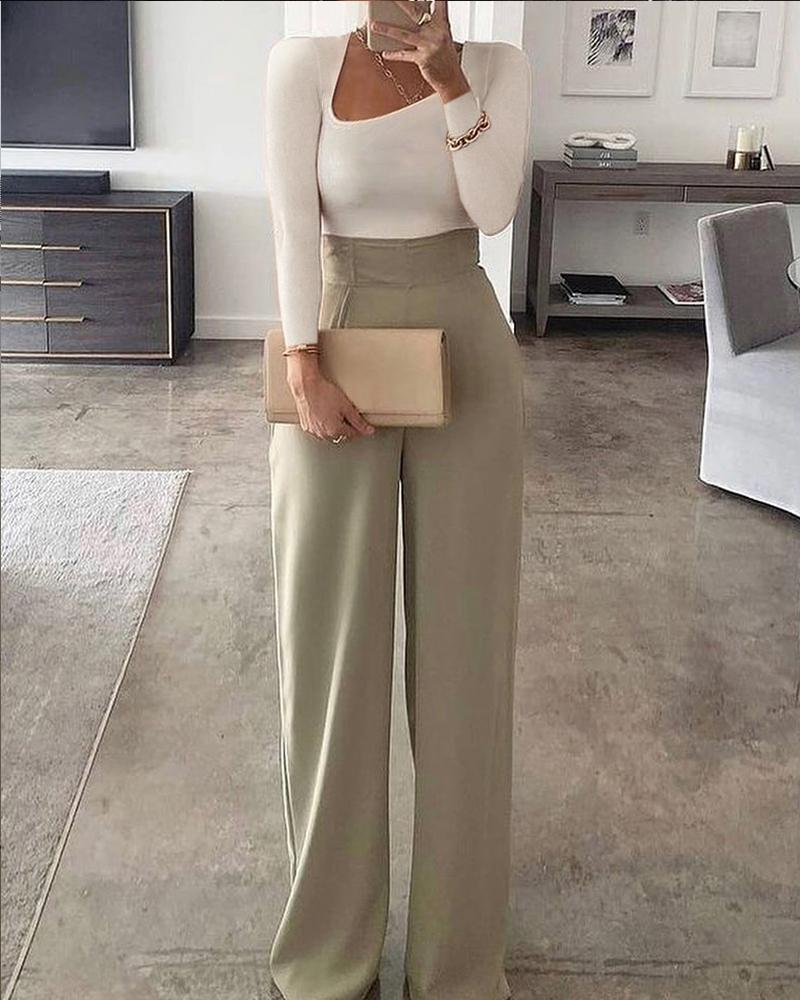 

Asymmetrical Neck Long Sleeve Colorblock Jumpsuit, White