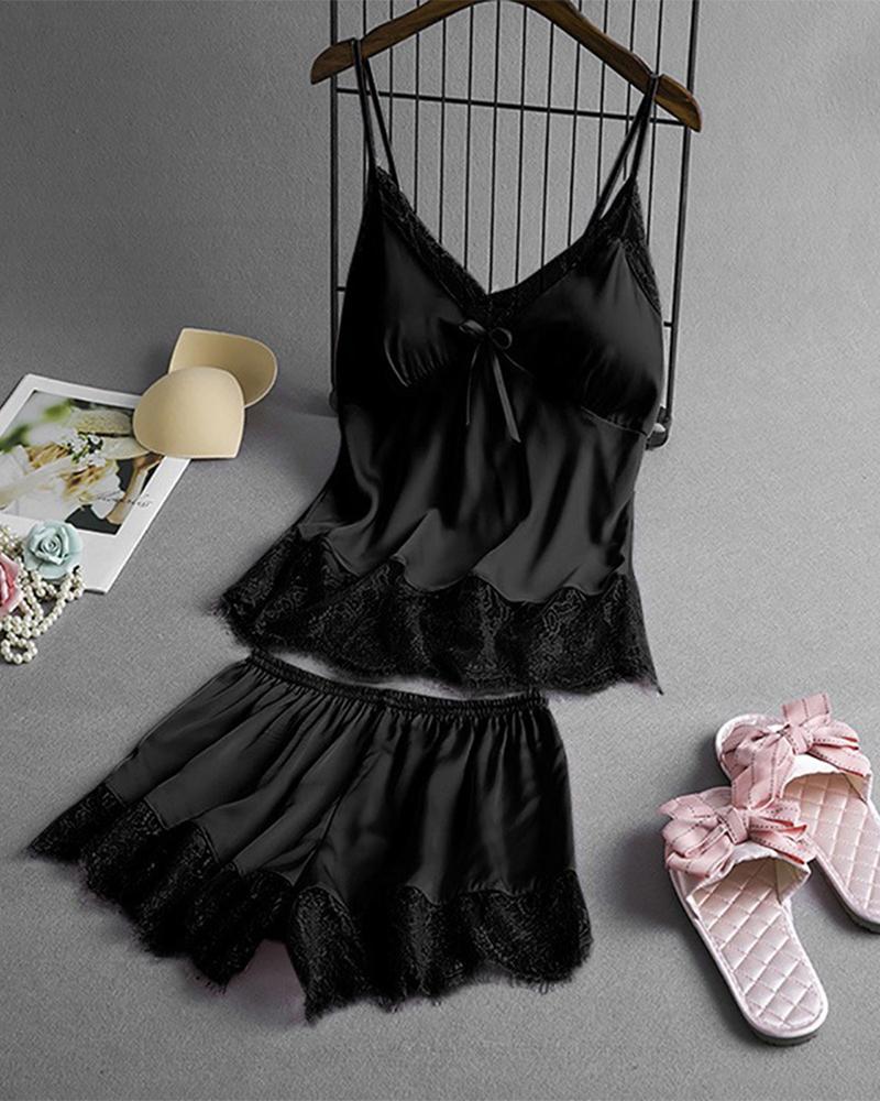 

Satin Contrast Lace Cami Top & Shorts PJ Set, Black
