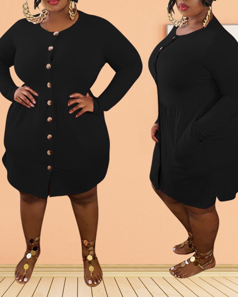 

Plus Size Button Front Long Sleeve Casual Dress, Black