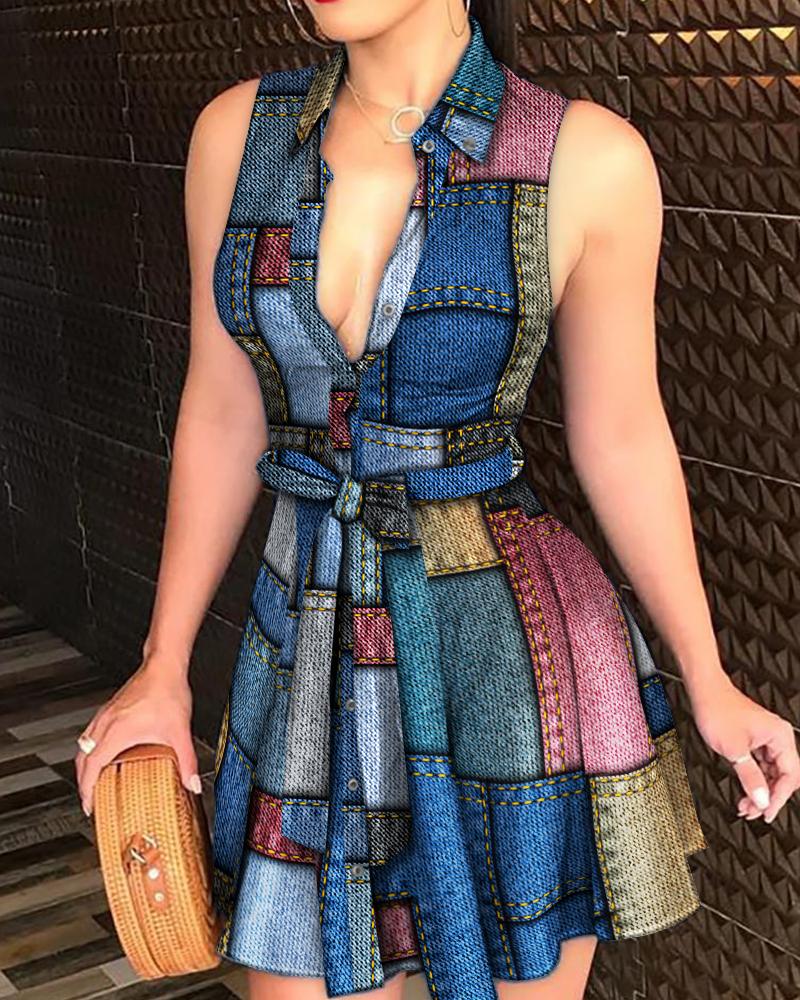 

Denim Look Print Button Down Belted Shirt Dress, Multicolor