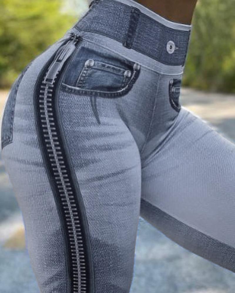 

Women's Leggings Faux Denim Printed High Waist Tummy Control Butt Lift Active Pants, Light gray