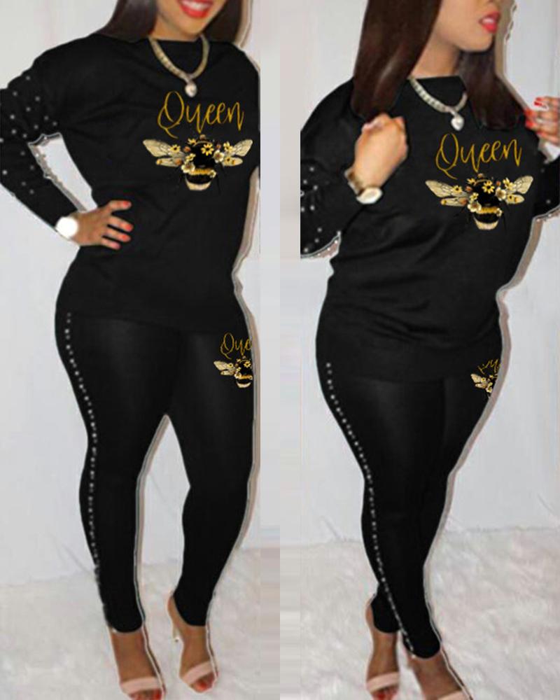 

Bee Letter Print Beaded Decor Casual Top & Pants Set, Black