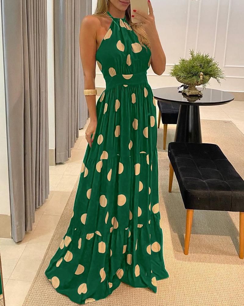 

Polka Dot Print Halter Backless Ruched Maxi Dress, Green