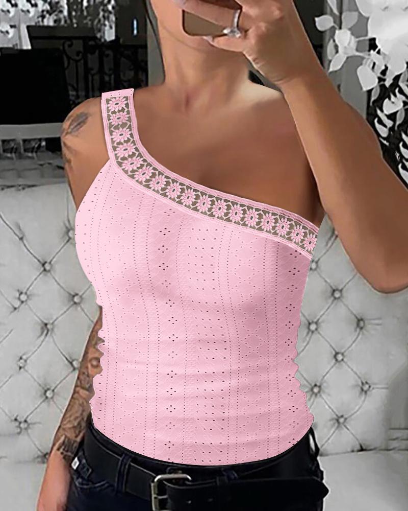 

One Shoulder Lace Patch Eyelet Embroidery Top, Pink