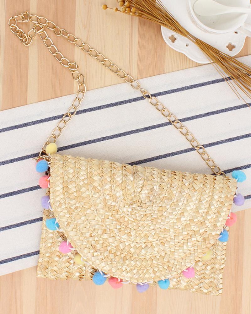 

Braided Pom Pom Decor Chain Strap Crossbody Beach Bag, Style1