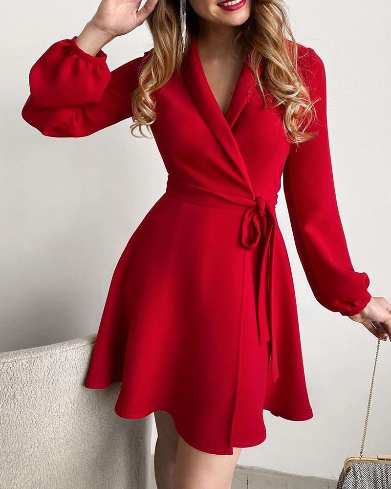 

Plain Surplice Neck Long Sleeve Work Dress, Red