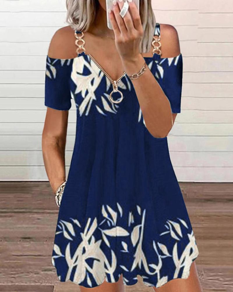 

Cold Shoulder Plants Print Pocket Design Casual Dress, Purplish blue