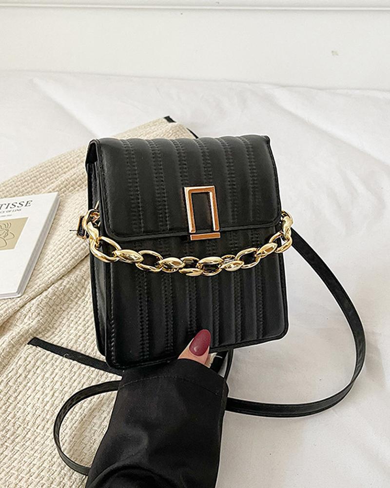 

Quilted Chain Decor Flap Crossbody Bag, Black