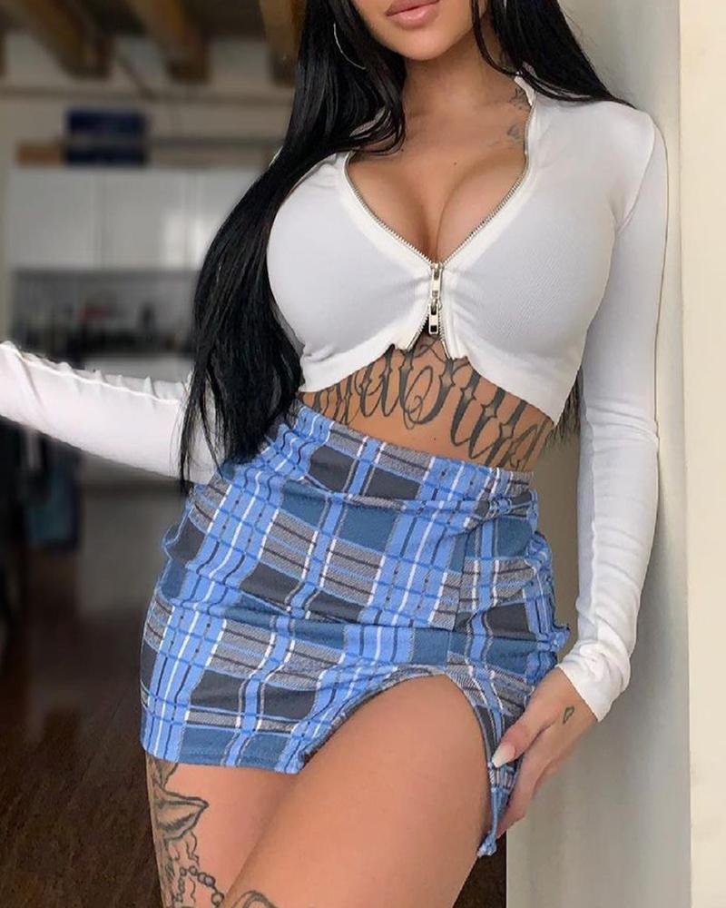 

Zip Front Plain Crop Top & Plaid Slit Skirt Sets, White
